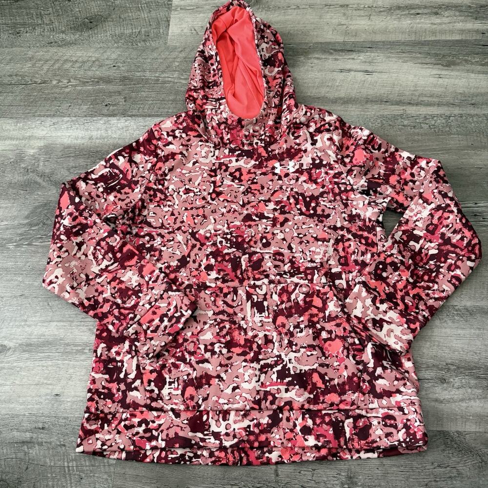 Under Armour Hoodie Youth Girls XL Loose Pink Fleece Printed Sweatshirt 1376317